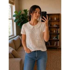 River Island Womens Lace Sheer Top Size 14 Cream Sequin Pearl Coquette Romantic